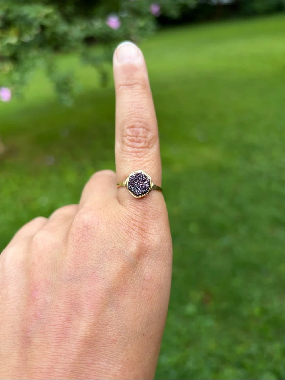 Rare: 14K Gold Fill Bezel Wrapped Hexagon Purple Druzy Ring, Size 7